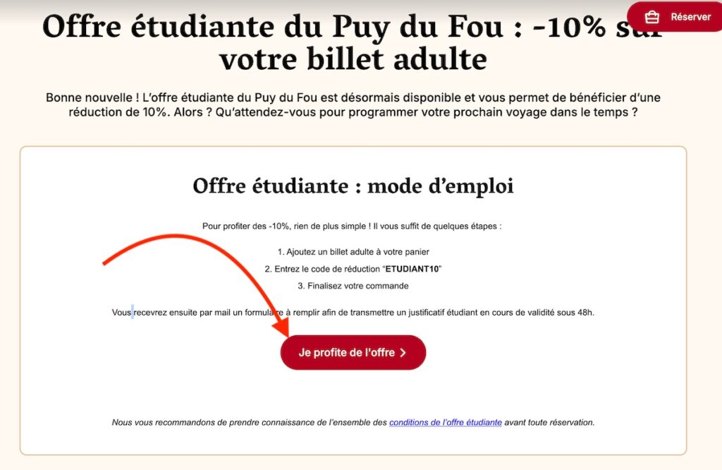 saisie code promo puy du fou étudiant