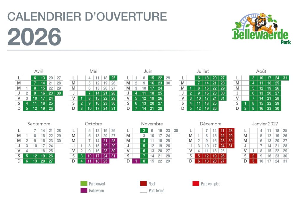 calendrier horaire ouverture et affluence parc bellewaerde