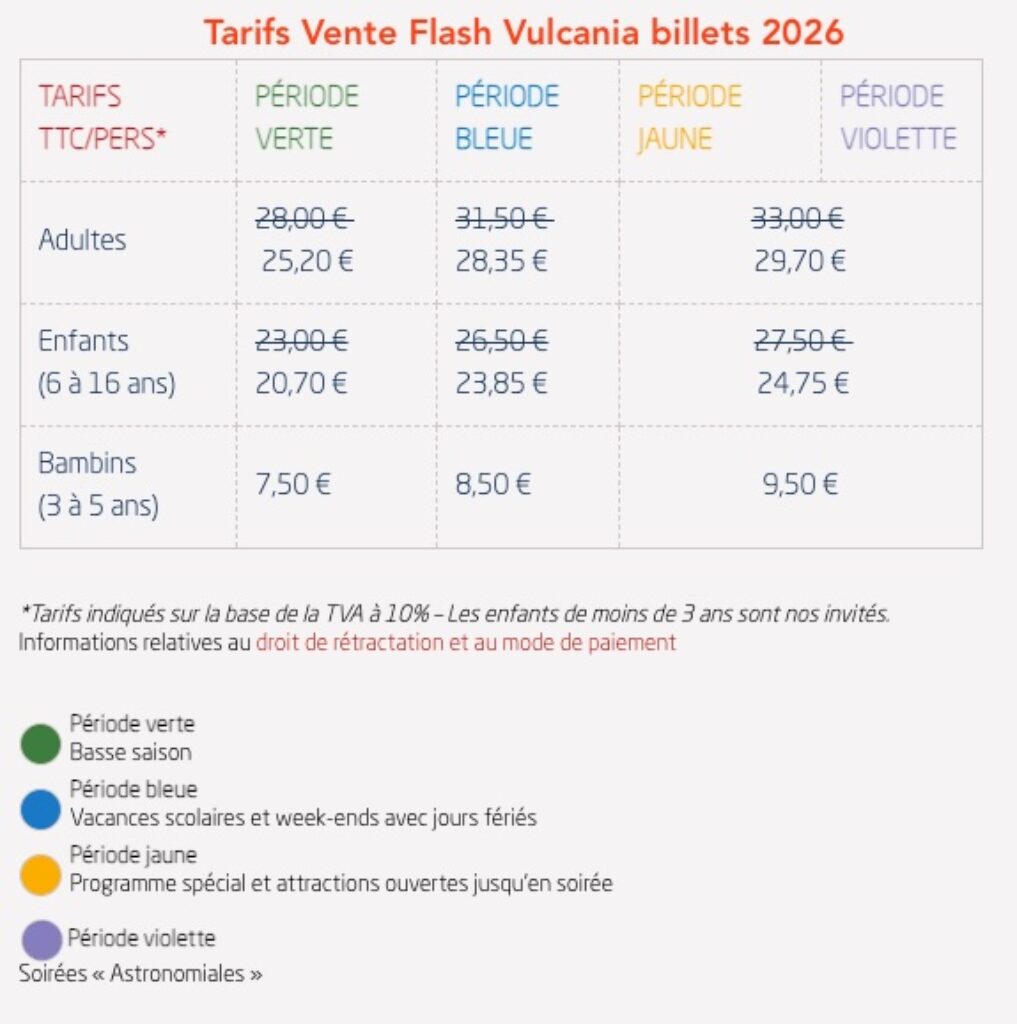 liste tarifs vente flash promo Vulcania 2026