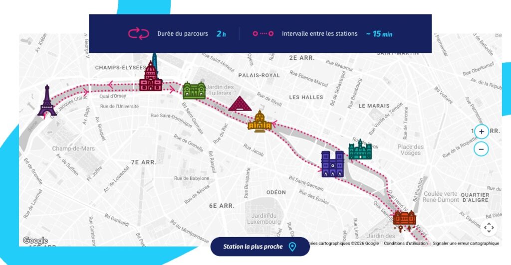 Plan et liste des arrêts Batobus sur la carte de Paris